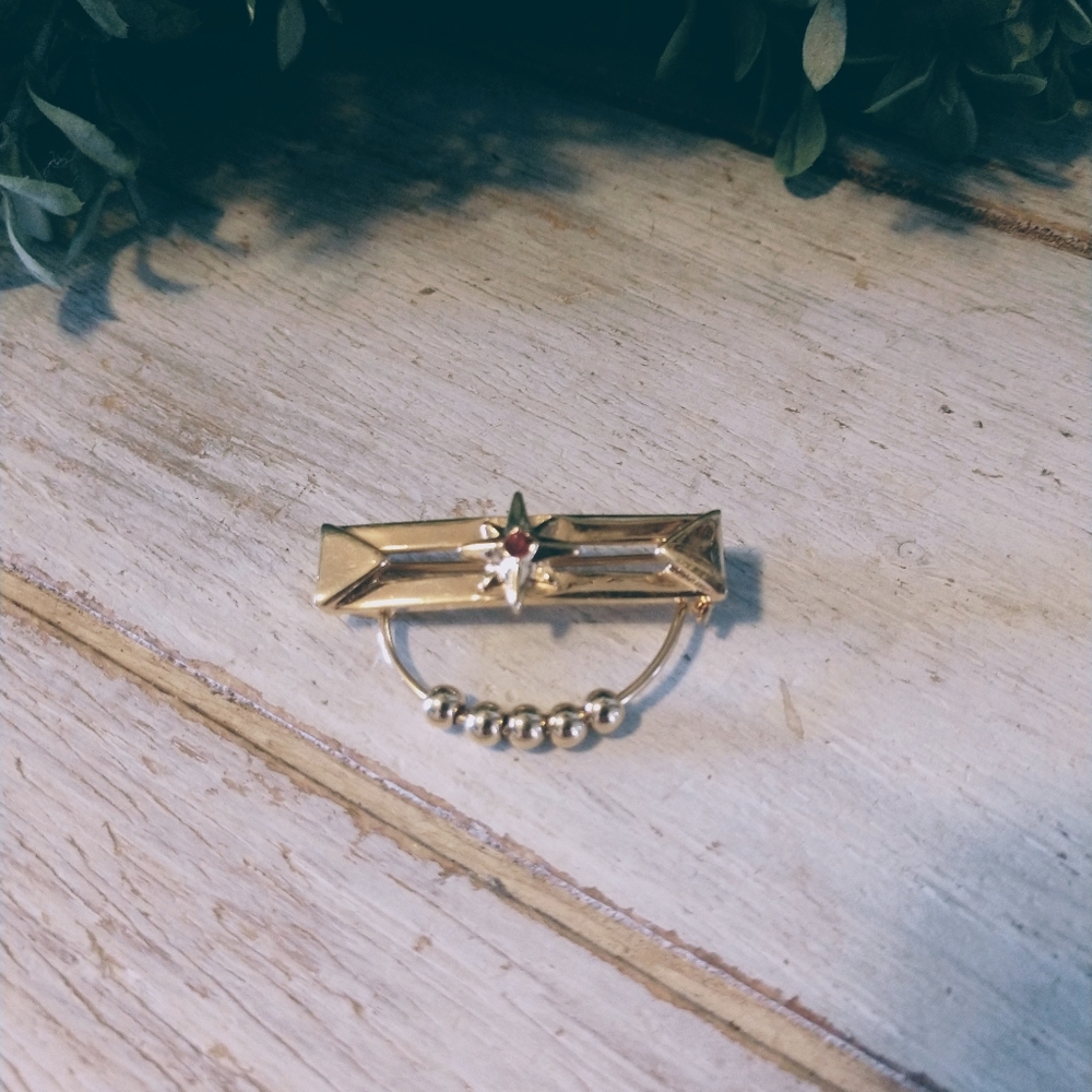 Vintage Wide Rectangle Gold Brooch Lapel Pin Ruby and Beads Chic Costume Jewelry